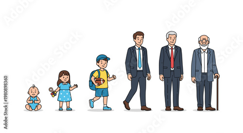 Illustration showing the different stages of a man's life from babyhood and childhood through adulthood to becoming an elderly senior citizen.