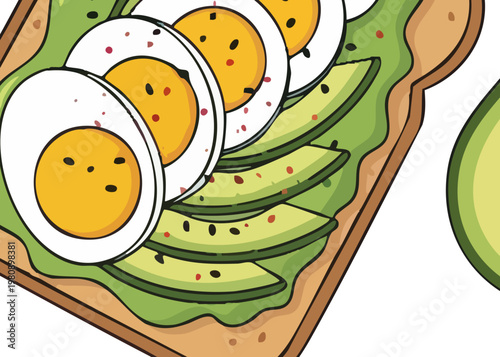 Delicious breakfast with avocado toast and eggs.