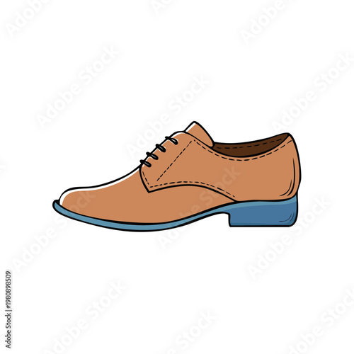 Stylish tan leather oxford shoe with blue heel and black laces isolated on white