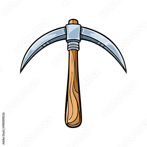 Cartoon illustration of a steel pickaxe tool with a wooden handle against a white background