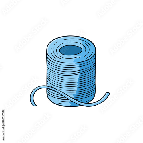 Hand drawn illustration of a spool of blue thread with a loose end on white background