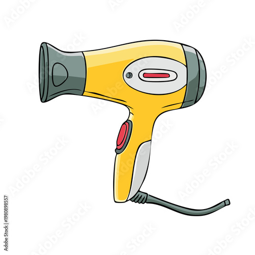 Yellow hair dryer with gray accents and a cord on a white background