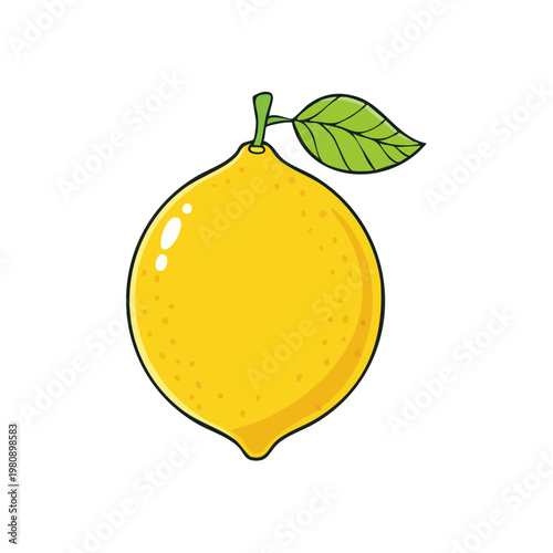 Vibrant Yellow Lemon Fruit with Green Leaf and Stem Illustration
