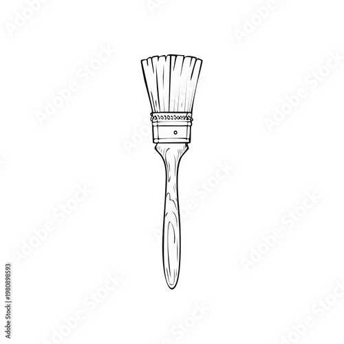 Hand drawn artistic illustration of a paintbrush with bristles and wooden handle