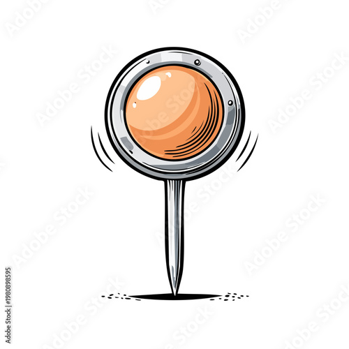 Round orange pin with silver metallic border and sharp metal point stuck in surface