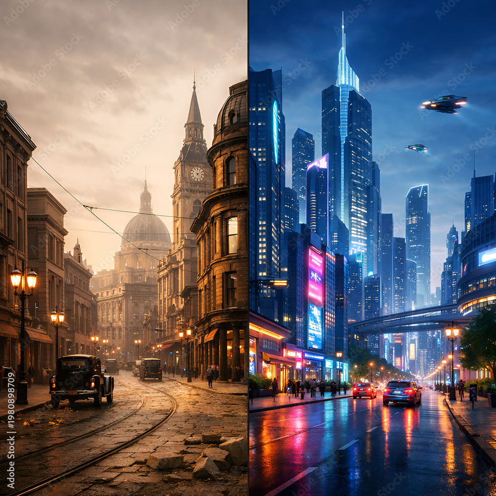Naklejka premium Past vs Future City Split Scene Vintage Street and Futuristic Skyline Contrast
