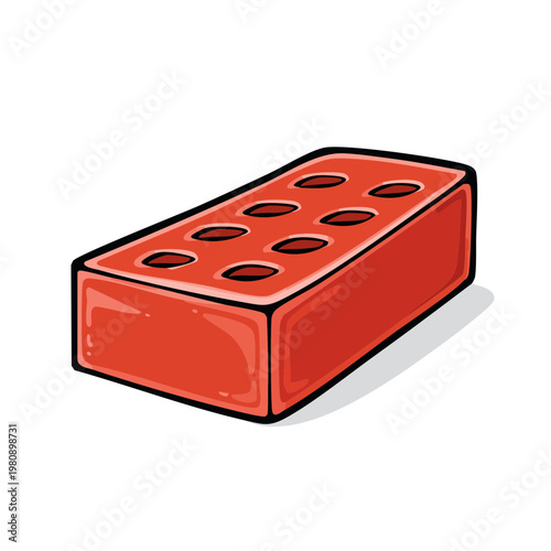 Red construction brick with nine holes isolated on white