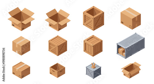 Selection of various packaging materials including open cardboard boxes, wooden crates, and a large metal shipping container for logistics.