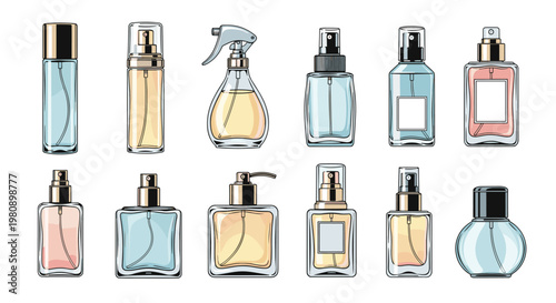 Elegant collection of perfume and fragrance bottles in various shapes, colors, and sprayer styles for beauty and fashion products.