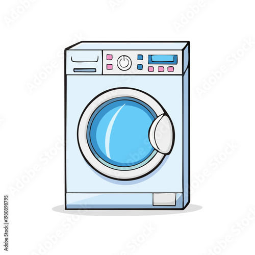 Cartoon front loading washing machine with a blue door and digital display for laundry chores