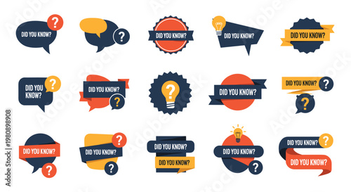 Collection of creative did you know badges and speech bubbles with question marks and lightbulbs for educational and fact sharing content.