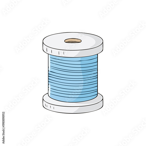 Cartoon illustration of a spool of light blue thread on a white background