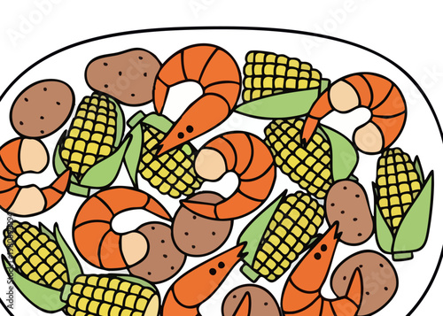 Delicious seafood and vegetable plate illustration.