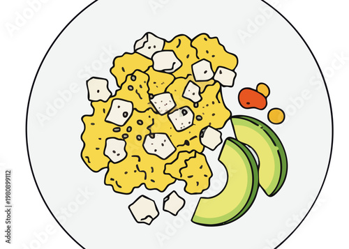 a plate of scrambled eggs with avocado and cheese.