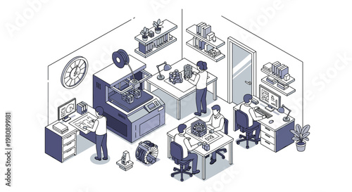 Busy office environment where designers and engineers are working together on prototypes using advanced 3D printing technology and software.