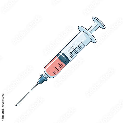 Medical syringe filled with pink liquid and sharp needle, isolated on white background