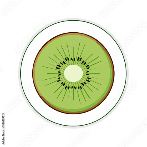 Freshly sliced kiwi fruit reveals vibrant green flesh and black seeds on a plate