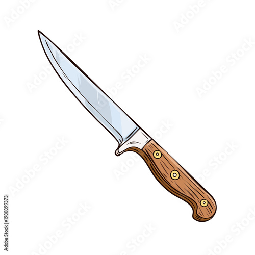 Sharp hunting knife with wooden handle and polished steel blade depicted in illustration style