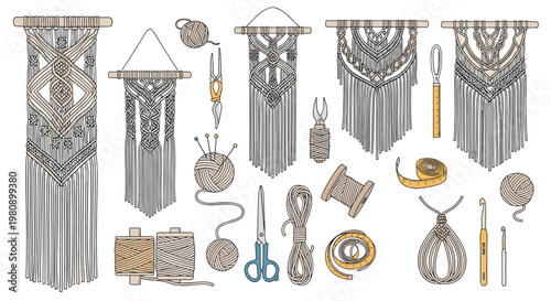 Comprehensive set of macrame wall hangings and essential crafting tools including yarn, scissors, measuring tape, and crochet hooks.