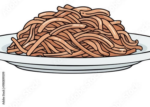 A plate of noodles on a table.