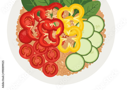 A plate of fresh vegetables and rice.