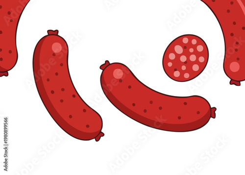 A cartoon illustration of red sausages and a slice.
