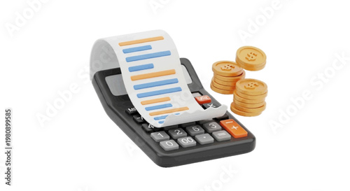 Vector illustration of 3d illustration of a calculator with a paper receipt and stacks of coins on a transparent background