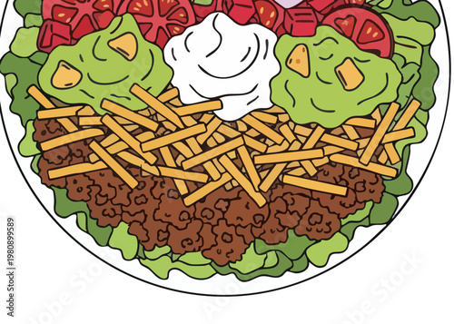 Taco salad with ground beef and vegetables.