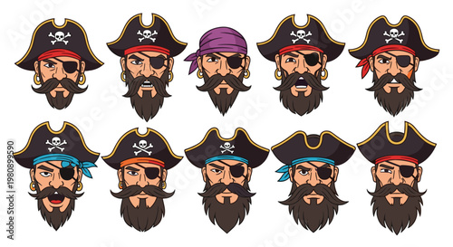 Set of tough pirate character head portraits showing various facial expressions and emotions for game avatars and comic illustrations.