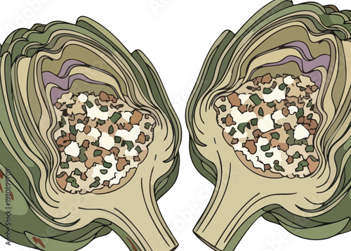 A detailed illustration of artichoke halves.