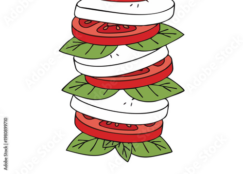 A stack of mozzarella cheese, tomato and basil.