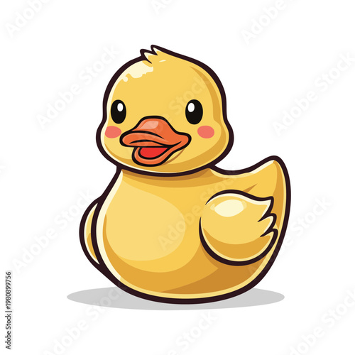 Adorable cartoon yellow rubber duck with bright eyes and an open beak smiling playfully