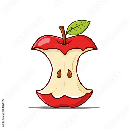 Cartoon apple core with green leaf and stem on white background