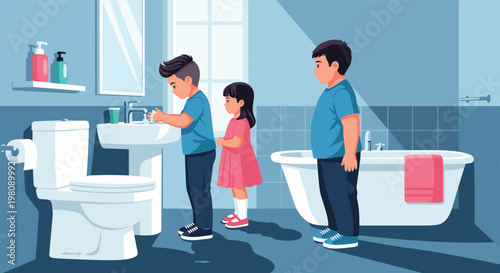 Group of children standing in a line in a modern bathroom waiting for their turn to wash their hands at the sink.