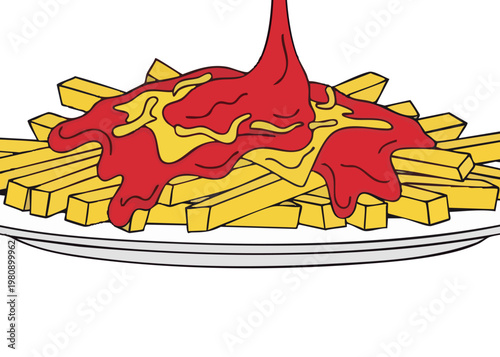 A plate of fries with ketchup.