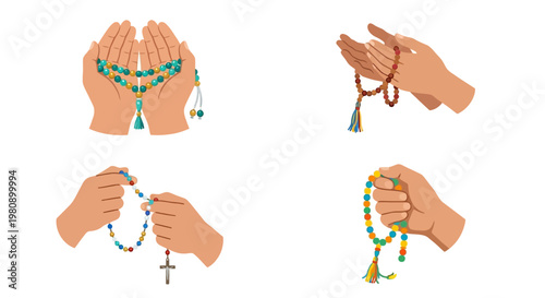 Hands praying with colorful rosaries and religious beads illustration