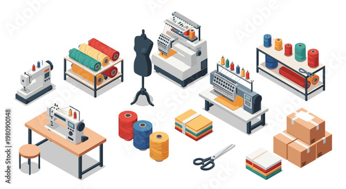 Isometric view of a garment factory setting with sewing machines, embroidery machines, fabric rolls, threads, and shipping boxes.