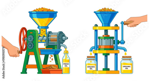Vintage oil presses demonstrate traditional methods of extracting oil from seeds