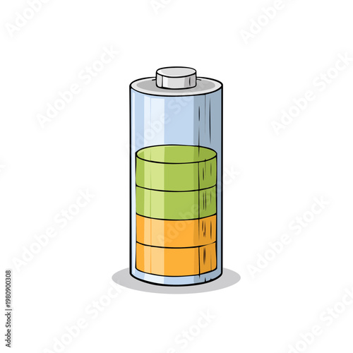 Illustration of a battery icon showing partial charge levels in orange green and light blue colors