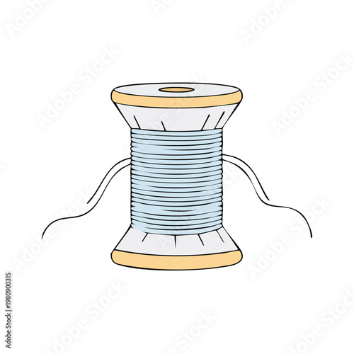 Vintage sewing spool with light blue thread and hanging loose ends for crafts and tailoring