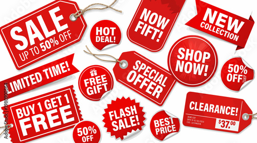 Red Promotional Tags Featuring Sale, Special Offers, Free Shipping And Limited Time Deals For Retail Shopping And Marketing Campaigns