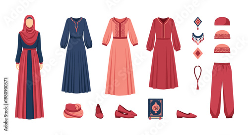 Comprehensive collection of traditional Islamic apparel including abayas, hijabs, kufis, prayer beads, and the Holy Quran.