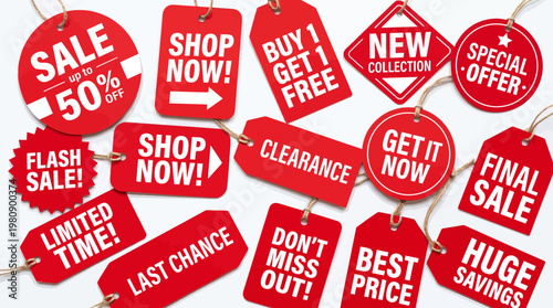 Red Sale And Promotional Tags Featuring Discounts, Special Offers, Free Shipping And Limited Time Deals For Retail Marketing Campaigns