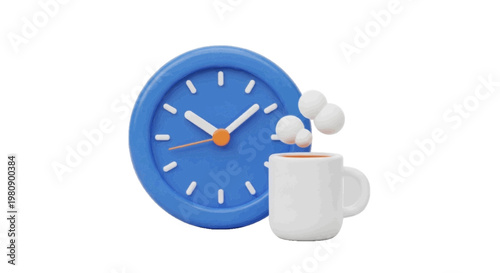 Vector illustration of 3d render of a blue wall clock and a steaming white coffee mug on a transparent background