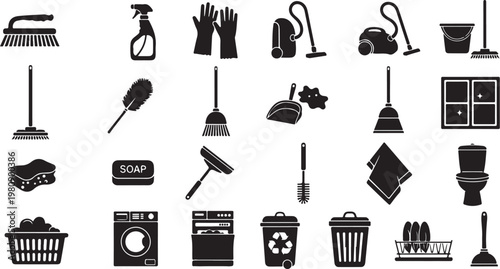 Cleaning tools and household items icons set in black