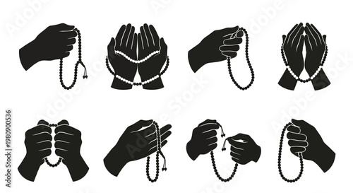 Diverse hand gestures with prayer beads in a black and white style