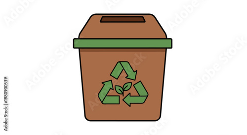 Brown Recycling Bin with Green Lid.
