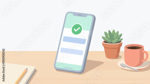 Simple vector illustration showing a smartphone with payment success notification on a clean desk setup with coffee and plant, representing digital payment and fintech concept.