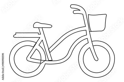 Bicycle one line art drawing of a vintage cruiser bike with front basket and rear rack
