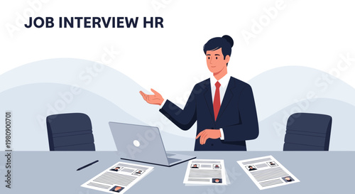 HR Manager Conducting Job Interview with Resumes and Laptop